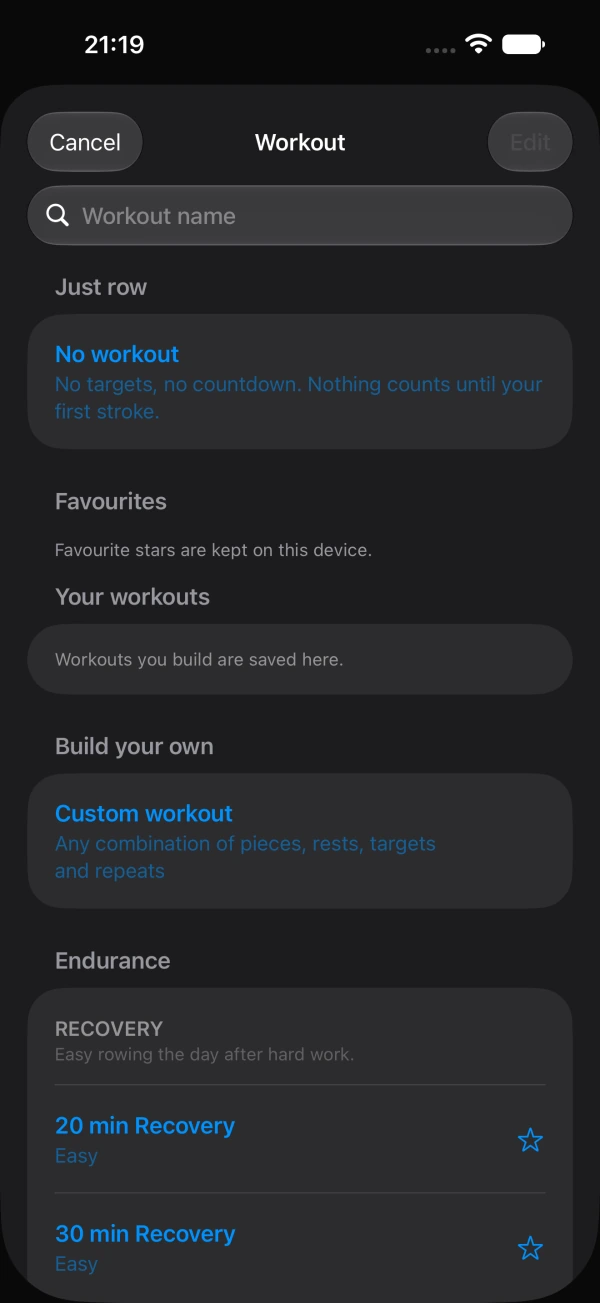 The workout library on iPhone.